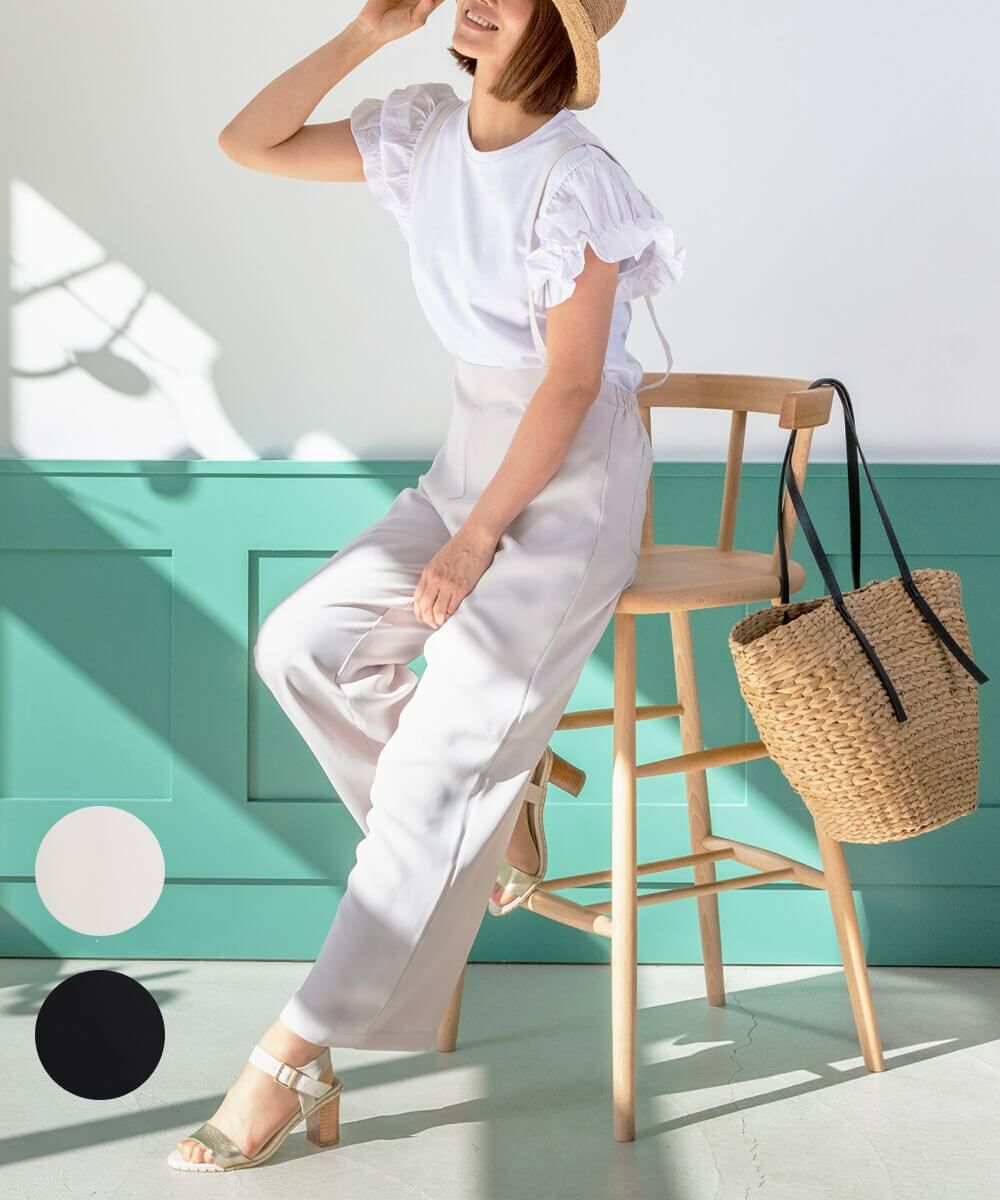 白絣サロペットパンツ サロペット ワイドパンツ ゆったり[品番：SGBW0001653]｜SUGAR